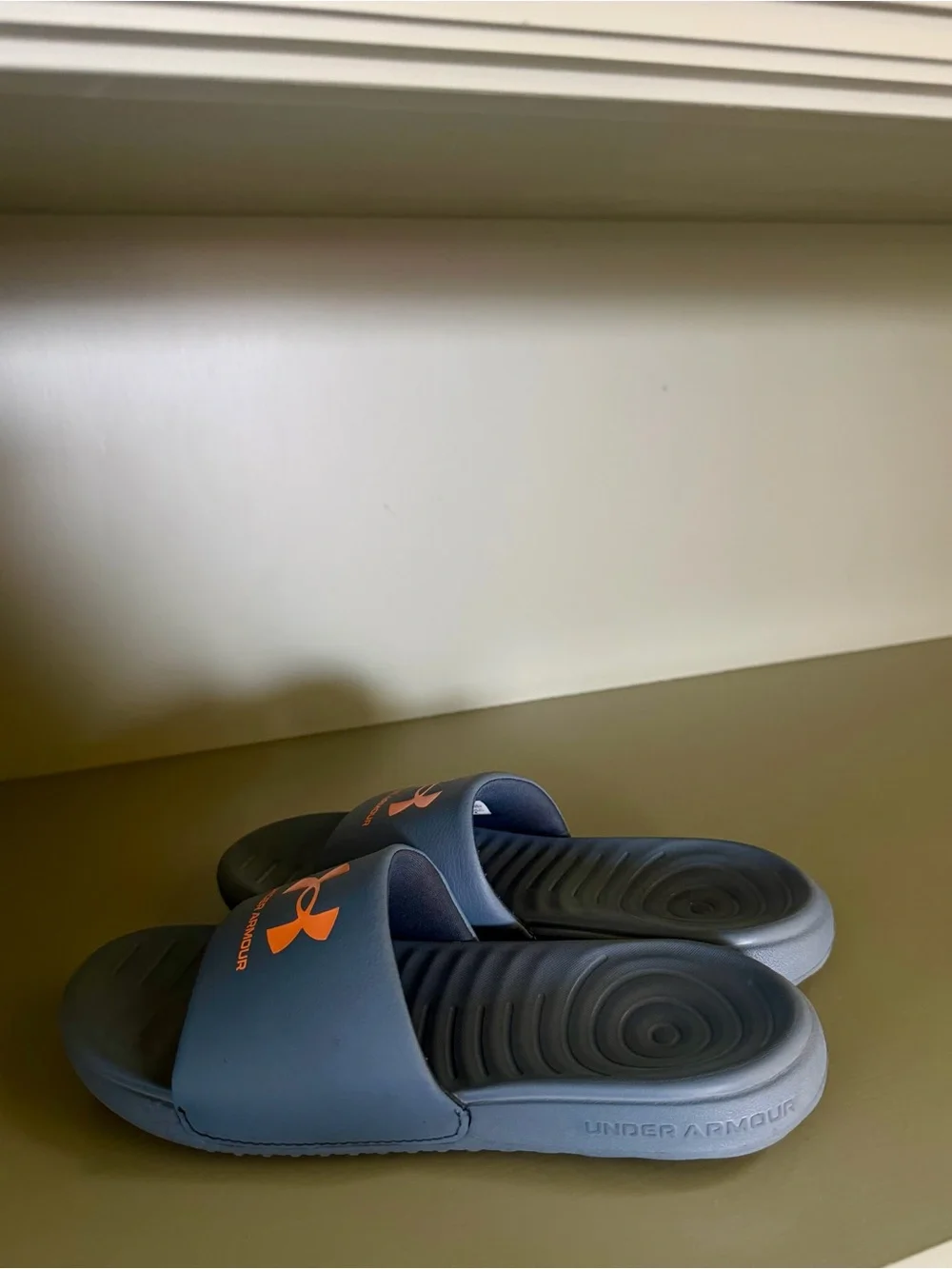 Under Armour Navy Slides with Orange Logo Accents